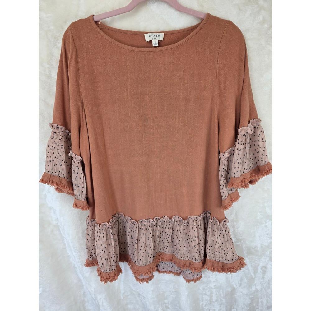 Umgee Womens Terracotta Linen Blend Polka Dot Ruffle Fringe Blouse Top S